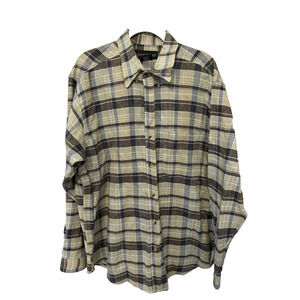Addendum‎ Shirt Mens Medium Beige Blue Plaid Button Up Long Sleeve Cotton Casual